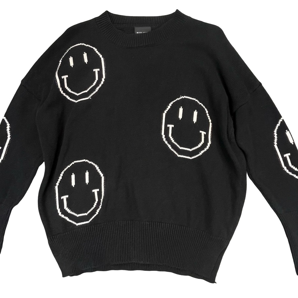 Miou Muse Womens Sweater Black Smiley Face Graphic Knit Streetwear Happy Small